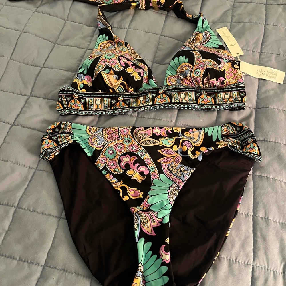 Sunshine 79 Black Multicolor bikini NWT Women’s size 14